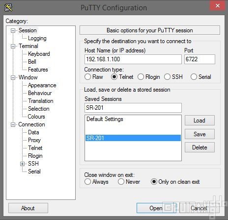 PuTTY Configuration window, showing settings